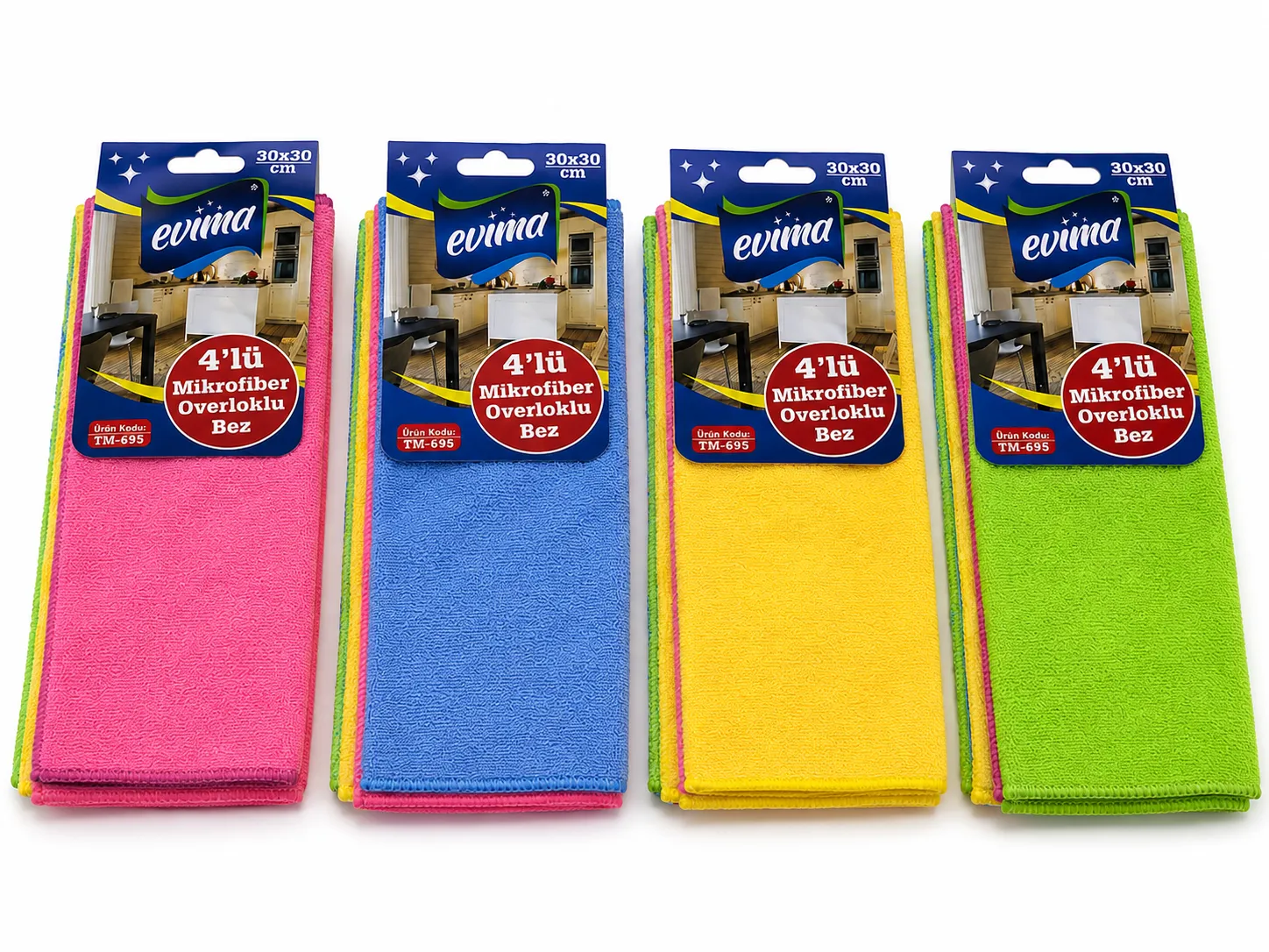 4'LÜ MİKROFİBER OVERLOKLU TEMİZLİK BEZİ 30×30 CM EVİMA